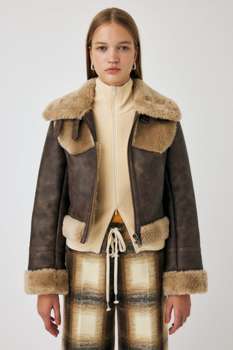 Dámské Bundy Moussy Cropped Veganské Læder Shearling Hnědé | UKI6434HP