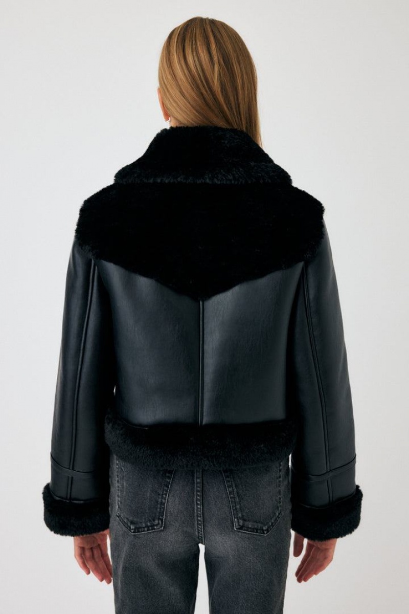 Dámské Bundy Moussy Cropped Veganské Læder Shearling Černé | GTK416JY