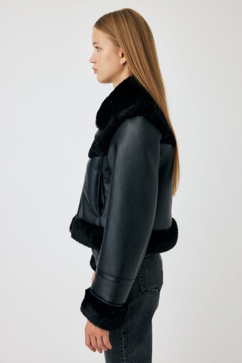 Dámské Bundy Moussy Cropped Veganské Læder Shearling Černé | GTK416JY