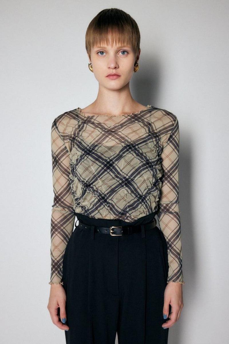 Dámské Halenka Moussy Sheer Check Mellow Top Hnědožlutý | JVV9296US